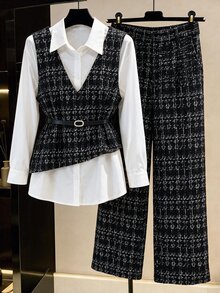 Modelyn Plus Size Women's 2 Pieces Casual Set With 2 In 1 Patchwork Long Sleeve Top And Pants - Black and White - View 12