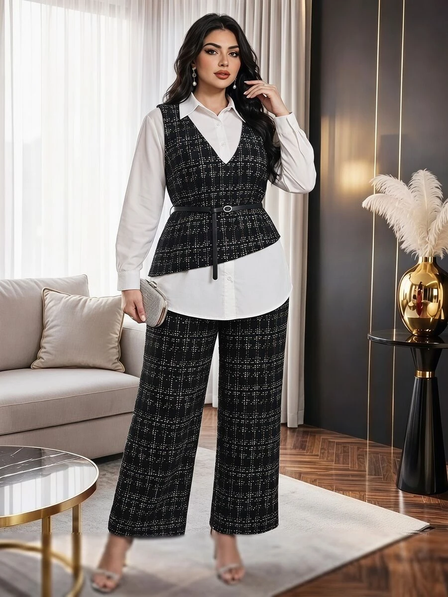 Modelyn Plus Size Women's 2 Pieces Casual Set With 2 In 1 Patchwork Long Sleeve Top And Pants - Black and White - View 1