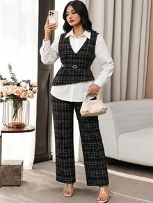 Modelyn Plus Size Women's 2 Pieces Casual Set With 2 In 1 Patchwork Long Sleeve Top And Pants - Black and White - View 2