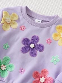 SHEIN Baby Girls 3D Flower Autumn Sweatshirt & Striped Leggings Outfit Set - Purple - View 3