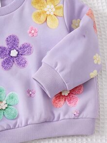 SHEIN Baby Girls 3D Flower Autumn Sweatshirt & Striped Leggings Outfit Set - Purple - View 4
