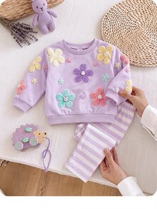 SHEIN Baby Girls 3D Flower Autumn Sweatshirt & Striped Leggings Outfit Set - Purple - View 1