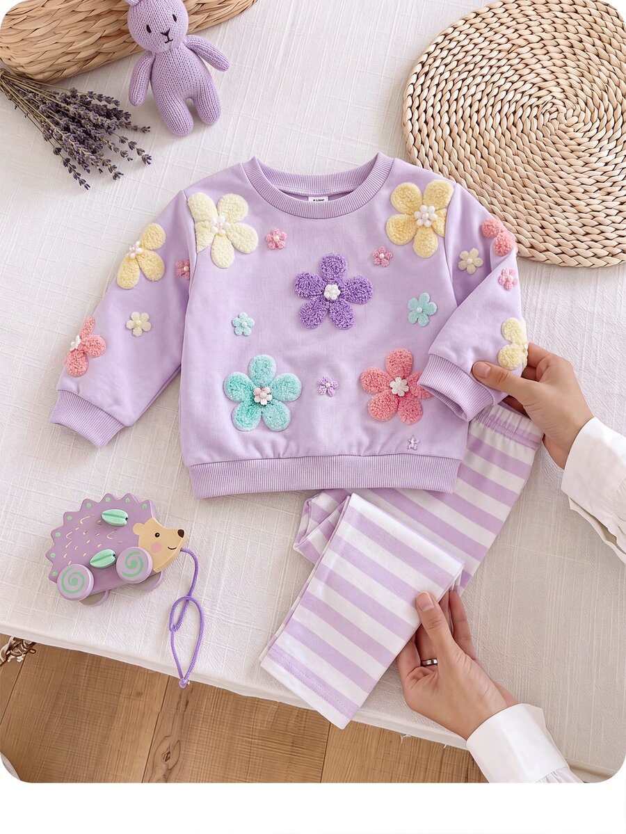 SHEIN Baby Girls 3D Flower Autumn Sweatshirt & Striped Leggings Outfit Set - Purple - View 1