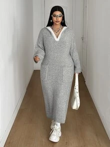 Maweii Plus Size Women's Knitted Hooded Pocket Casual Fashion Loose Knit Dress - Grey - View 5