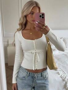 CovetEZ Women's Solid Color Casual Versatile Daily Wear Long Sleeve Sweater - White - View 1