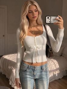 CovetEZ Women's Solid Color Casual Versatile Daily Wear Long Sleeve Sweater - White - View 4