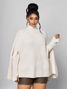 Maweii 大尺碼女款披肩袖中領優雅時尚套頭毛衣 - 米色 - 查看 5