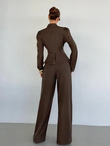 Siren Gaze Fall Winter Brown Sets Women's Lace Patchwork Casual Travel Blazer And Pants Elegant Y2k Work Bussiness Halloween Vintage Funnel Neck Waist-Cinching - Brown - View 6