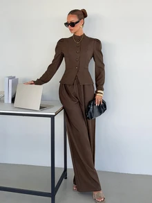 Siren Gaze Fall Winter Brown Sets Women's Lace Patchwork Casual Travel Blazer And Pants Elegant Y2k Work Bussiness Halloween Vintage Funnel Neck Waist-Cinching - Brown - View 8