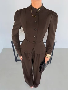 Siren Gaze Fall Winter Brown Sets Women's Lace Patchwork Casual Travel Blazer And Pants Elegant Y2k Work Bussiness Halloween Vintage Funnel Neck Waist-Cinching - Brown - View 5