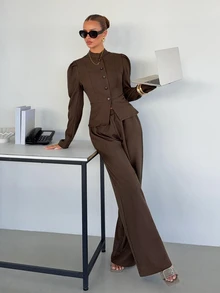 Siren Gaze Fall Winter Brown Sets Women's Lace Patchwork Casual Travel Blazer And Pants Elegant Y2k Work Bussiness Halloween Vintage Funnel Neck Waist-Cinching - Brown - View 7