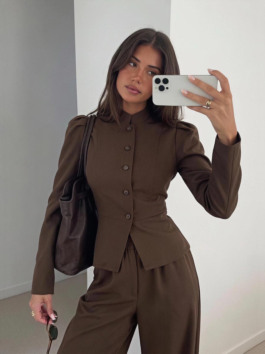 Siren Gaze Fall Winter Brown Sets Women's Lace Patchwork Casual Travel Blazer And Pants Elegant Y2k Work Bussiness Halloween Vintage Funnel Neck Waist-Cinching - Brown - View 1