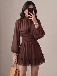 Amorya 女款純色立領長袖抽褶腰迷你洋裝，深棕色，秋季法式優雅晚宴雞尾酒裙 - 咖啡棕 - 查看 1