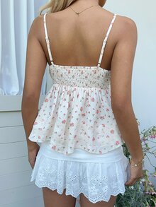 CovetEZ Women's Pink Floral V Neck Cami Top,Summer Cottage Core Picnic Lace Trim Ruched Sleeveless Tank,Adjustable Spaghetti Strap Ruffle Hem Chic Camisole - Yellow - View 6