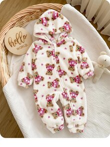 SHEIN Baby Girl Autumn/Winter Cartoon Bear Pattern Fuzzy Hooded Jumpsuit - Beige - View 1