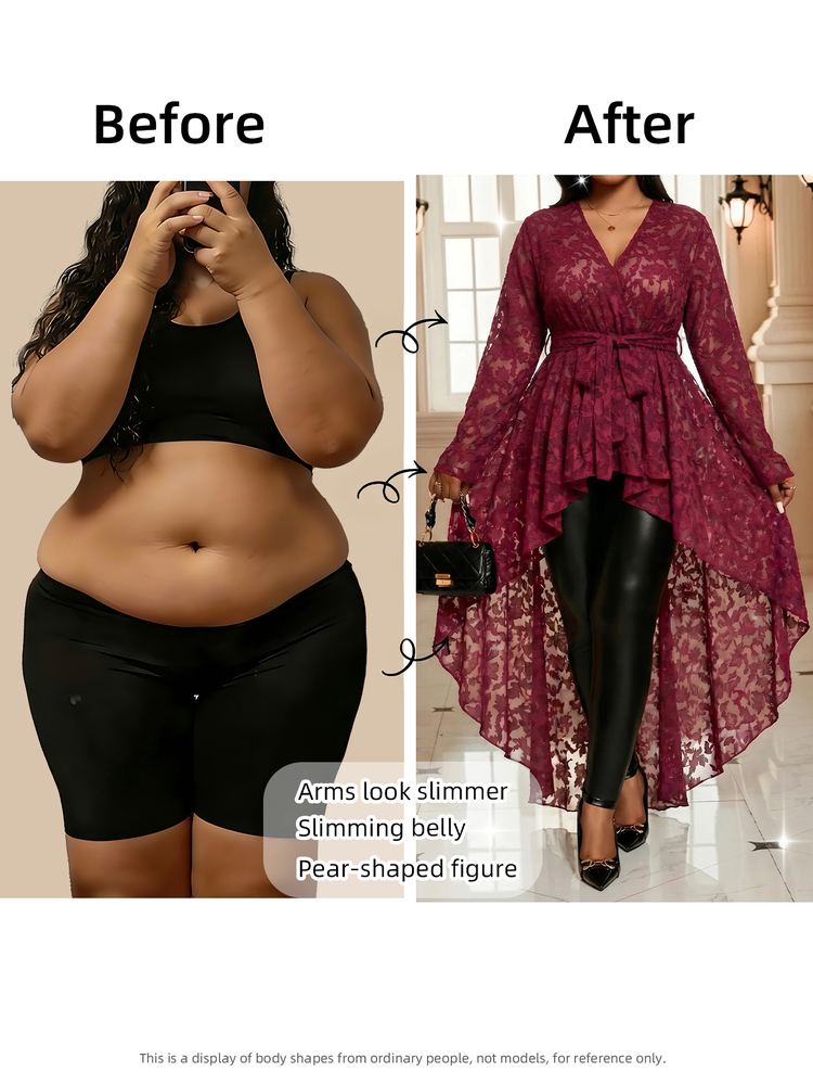 Fleurora ملابس علوية نسائية أنيقة بمقاسات كبيرة مزينة بزهور وحزام وذيل غير متماثل وتصميم بيبلم باللون البرغندي لحفلات الريف وحفلات الشاطئ والسهرات الرسمية في الخريف والكريسماس ورأس السنة - الأحمر - مشاهدة 4