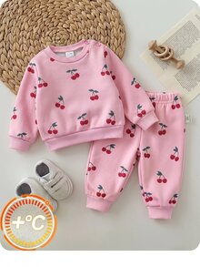 SHEIN Newborn Baby Girl Loose Casual Minimalist Comfortable Round Neck Pullover Cartoon Pattern Set Pink Cherry Winter Comfy Outing Soft Cute - Multicolor - View 1