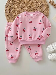 SHEIN Newborn Baby Girl Loose Casual Minimalist Comfortable Round Neck Pullover Cartoon Pattern Set Pink Cherry Winter Comfy Outing Soft Cute - Multicolor - View 5