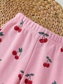 SHEIN Newborn Baby Girl Loose Casual Minimalist Comfortable Round Neck Pullover Cartoon Pattern Set Pink Cherry Winter Comfy Outing Soft Cute - Multicolor - View 7
