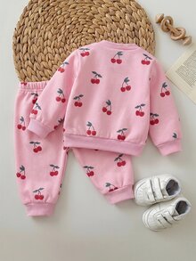 SHEIN Newborn Baby Girl Loose Casual Minimalist Comfortable Round Neck Pullover Cartoon Pattern Set Pink Cherry Winter Comfy Outing Soft Cute - Multicolor - View 2