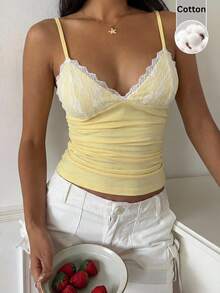 CovetEZ 女士蕾丝边荷叶边休闲百搭约会之夜吊带背心 - 黃色 - 查看 3