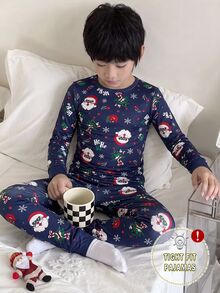 聖誕老人秋冬款青少年男孩睡衣 2件組 貼身款長袖上衣與長褲 聖誕樹印花 愛心禮物設計 - 藏蓝色 - 查看 4