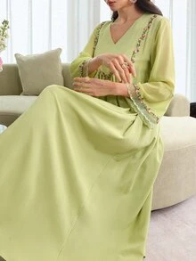 Al Najma 浪漫V领喇叭袖睡袍，春夏款 - 綠色 - 查看 8