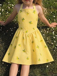 SHEIN Young Girl Young Girl Young Girl Young Girl Young Girl Striped Lemon Print Halter Neck Vacation Dress - Multicolor - View 5