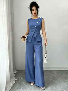 Elenzga Blue Summer Elegant Party Women's Round Neck Oblique Collar Pearl Button Sleeveless Waist Cinched Hem Slit Faux Pocket Blouse&Wide Leg Pants 2pcs Set - Blue - View 4