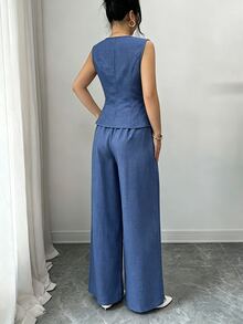 Elenzga Blue Summer Elegant Party Women's Round Neck Oblique Collar Pearl Button Sleeveless Waist Cinched Hem Slit Faux Pocket Blouse&Wide Leg Pants 2pcs Set - Blue - View 2
