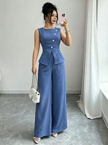 Elenzga Blue Summer Elegant Party Women's Round Neck Oblique Collar Pearl Button Sleeveless Waist Cinched Hem Slit Faux Pocket Blouse&Wide Leg Pants 2pcs Set - Blue - View 1