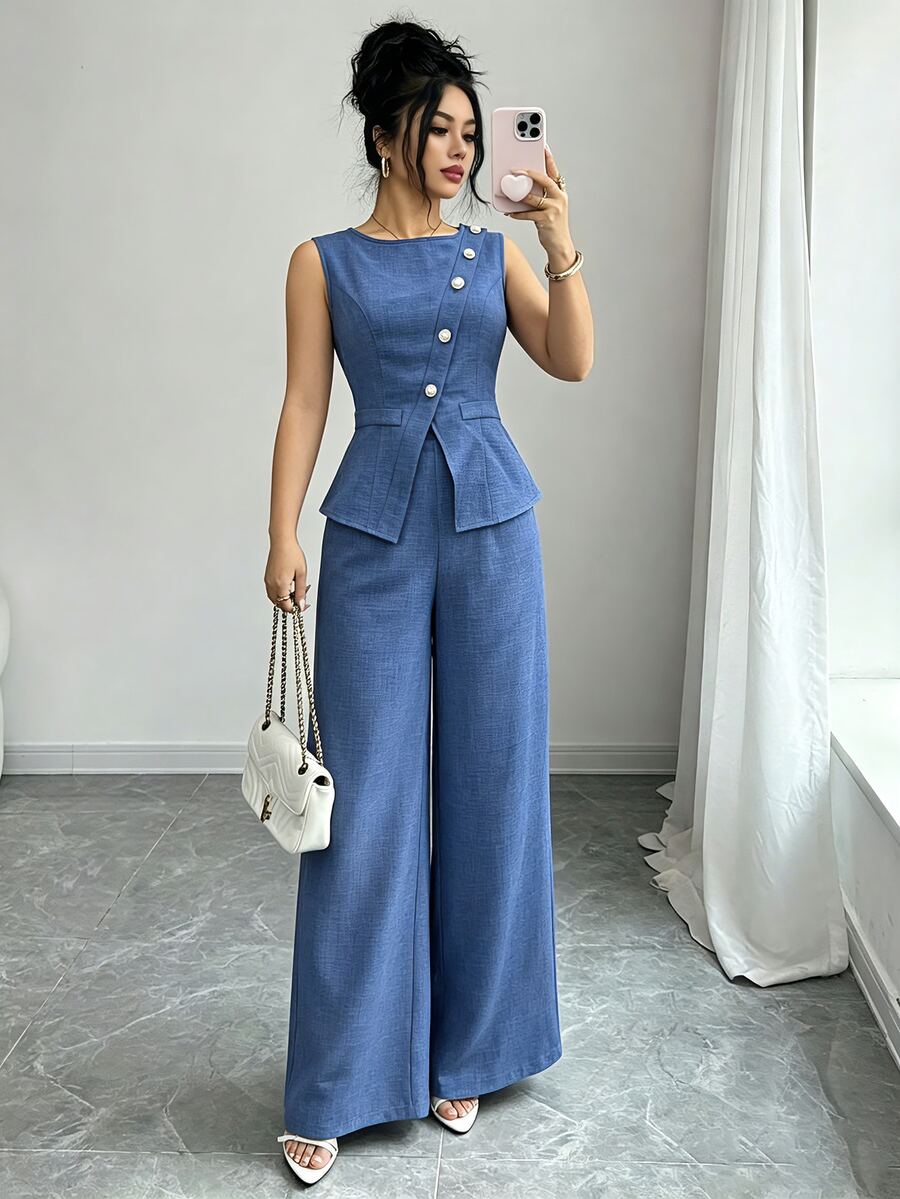 Elenzga Blue Summer Elegant Party Women's Round Neck Oblique Collar Pearl Button Sleeveless Waist Cinched Hem Slit Faux Pocket Blouse&Wide Leg Pants 2pcs Set - Blue - View 1