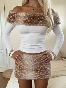 CovetEZ Women's Patchwork Animal Print Fuzzy Off-Shoulder Long Sleeve Fashion Sexy T-Shirt Christmas Night White Animal Print Fall - Brown - View 2