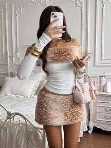 CovetEZ Women's Patchwork Animal Print Fuzzy Off-Shoulder Long Sleeve Fashion Sexy T-Shirt Christmas Night White Animal Print Fall - Brown - View 6