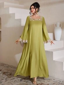 Al Najma Elegant Woven Strap Square Collar Flare Sleeve Dress, Spring/Summer - Green - View 7