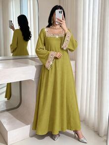 Al Najma Elegant Woven Strap Square Collar Flare Sleeve Dress, Spring/Summer - Green - View 2