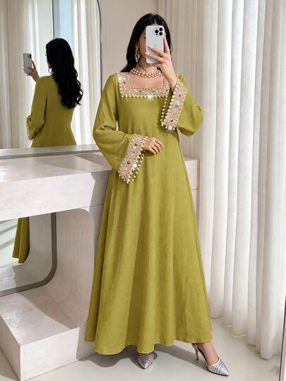 Al Najma Elegant Woven Strap Square Collar Flare Sleeve Dress, Spring/Summer