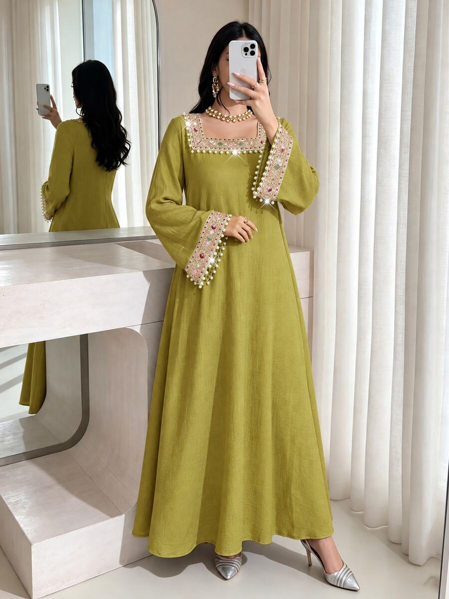 Al Najma Elegant Woven Strap Square Collar Flare Sleeve Dress, Spring/Summer