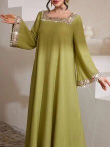 Al Najma Elegant Woven Strap Square Collar Flare Sleeve Dress, Spring/Summer - Green - View 9