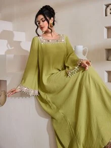 Al Najma Elegant Woven Strap Square Collar Flare Sleeve Dress, Spring/Summer - Green - View 5