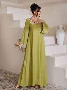Al Najma Elegant Woven Strap Square Collar Flare Sleeve Dress, Spring/Summer - Green - View 6