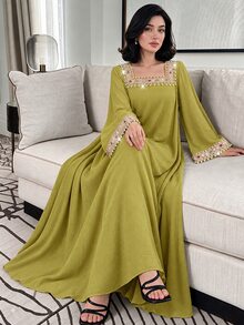 Al Najma Elegant Woven Strap Square Collar Flare Sleeve Dress, Spring/Summer - Green - View 10