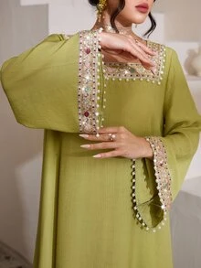 Al Najma Elegant Woven Strap Square Collar Flare Sleeve Dress, Spring/Summer - Green - View 4