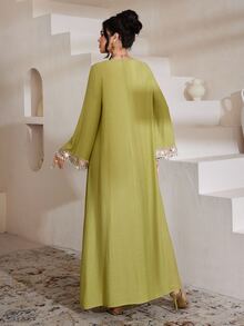 Al Najma Elegant Woven Strap Square Collar Flare Sleeve Dress, Spring/Summer - Green - View 3