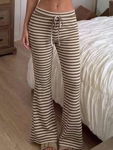 CovetEZ Women's Striped Drawstring Waist Colorblock Casual Versatile Daily Travel Long Pants - Brown - View 2