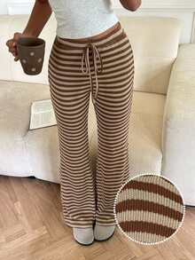 CovetEZ Women's Striped Drawstring Waist Colorblock Casual Versatile Daily Travel Long Pants - Brown - View 6