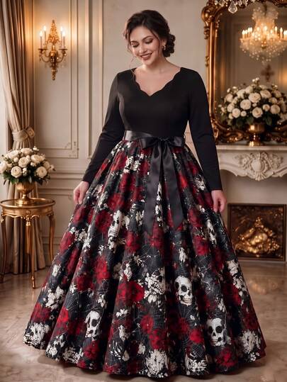 Rometta Plus Size Skull & Rose Print Fabric Patchwork Black Soft Textured Knit Fabric Ruffle Wave Hem Burnout Collar V-Neck Long Sleeve Cinched Waist A-Line Dress With Satin Waistband & Bow Decor, Simple Elegant For Outing, Date, Gathering, Party