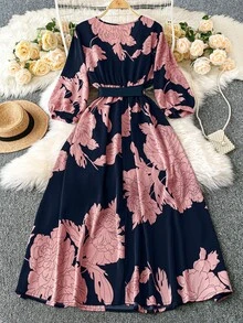 Rometta Court Retro  Plus Size Solid Color Print Cross Neck Short Sleeve Flowy Dress Wedding Day Wedding Guest Fall - Multicolor - View 6