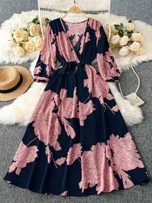 Rometta Court Retro  Plus Size Solid Color Print Cross Neck Short Sleeve Flowy Dress Wedding Day Wedding Guest Fall - Multicolor - View 5
