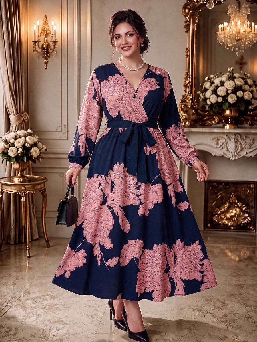 Rometta Court Retro Plus Size Solid Color Print Cross Neck Short Sleeve Flowy Dress Wedding Day Wedding Guest Fall - Multicolor - View 1